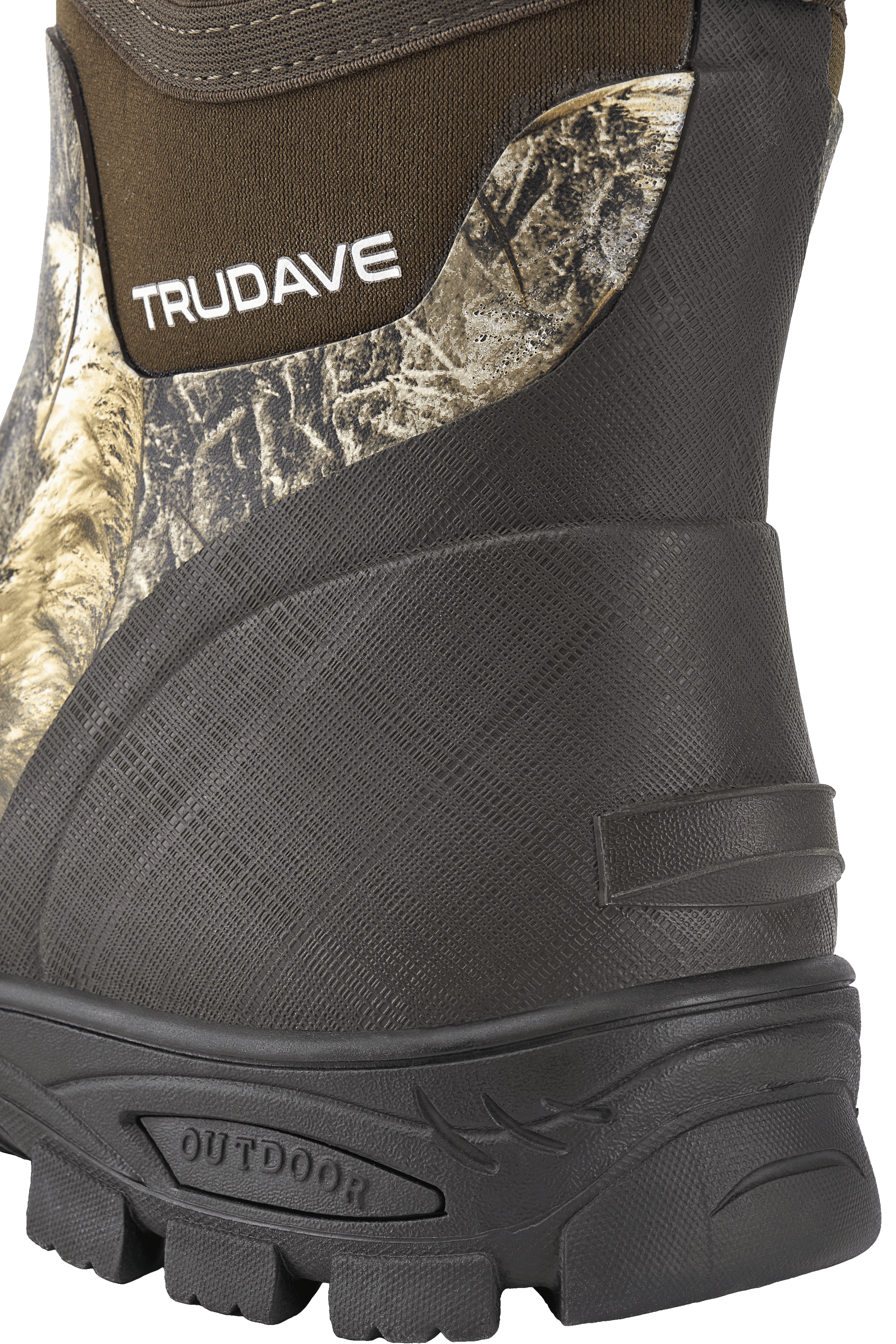 Back view close-up of Trudave HuntGuard Series men’s waterproof ankle rubber rain boots in reed grass camo showing rear kick tab for easy on and off and outdoor durability